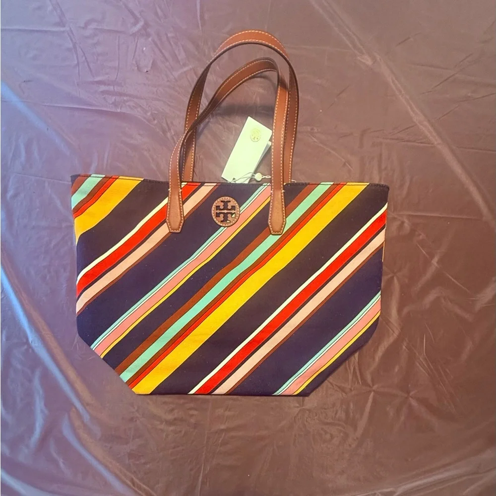 NWT Tory Burch Key Item Canvas/Leather Medley Multicolor Striped Tote MSRP $298 - Picture 2 of 11